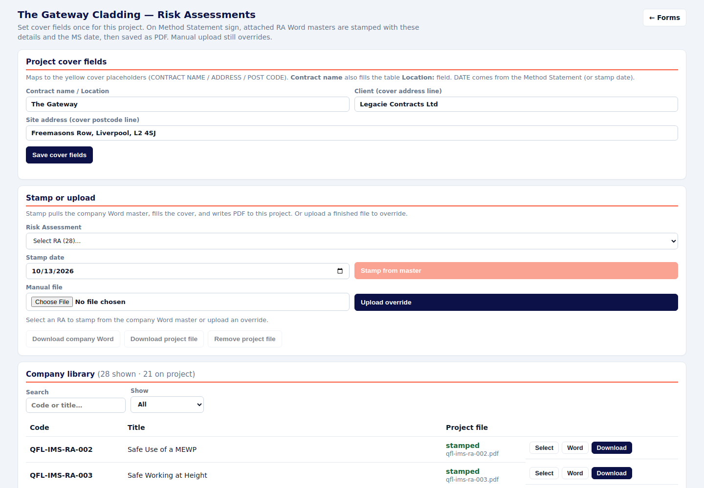 Risk assessment library with project cover fields and a list of assessments